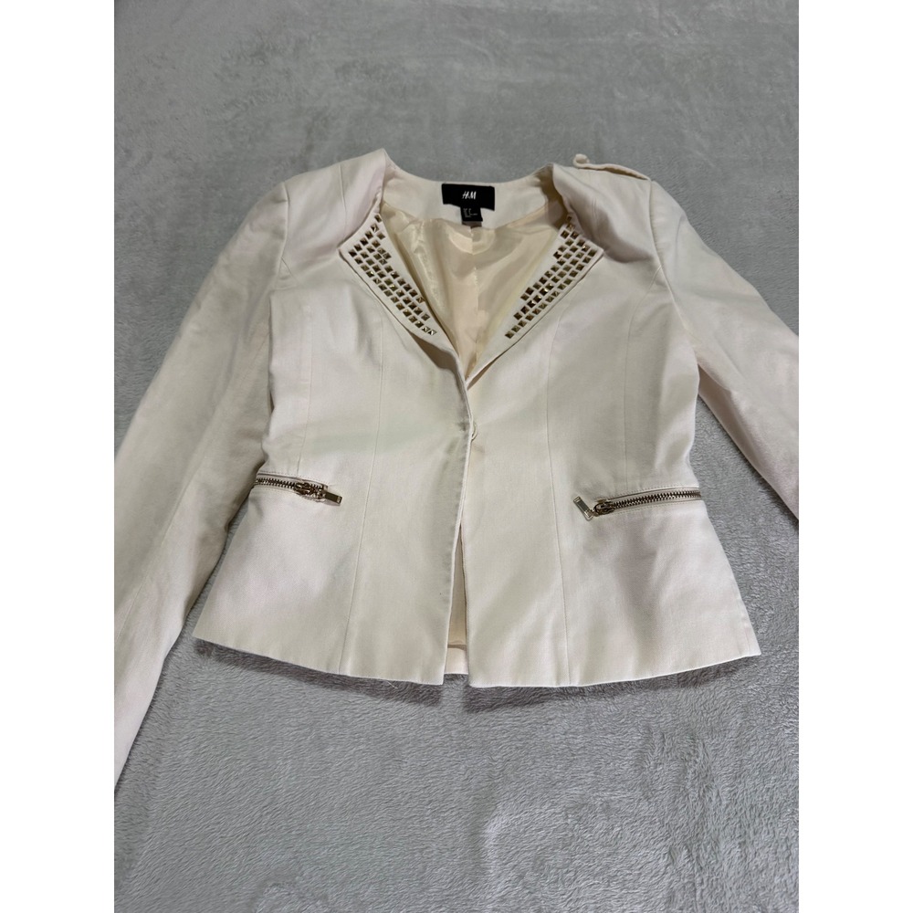 HM Cream Studded Collarless Blazer Jacket Gold Pyramid Studs Ivory Sz 4